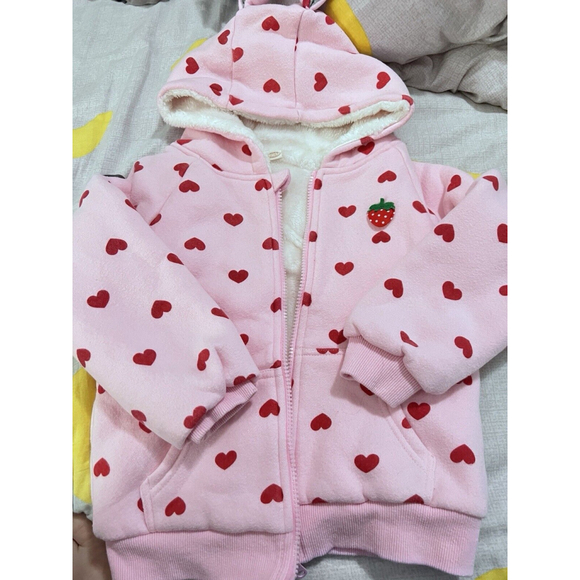 Girl Pink Polka Dot Jacket W/Strawberry Hooded Toddler Size 6 - Picture 1 of 3
